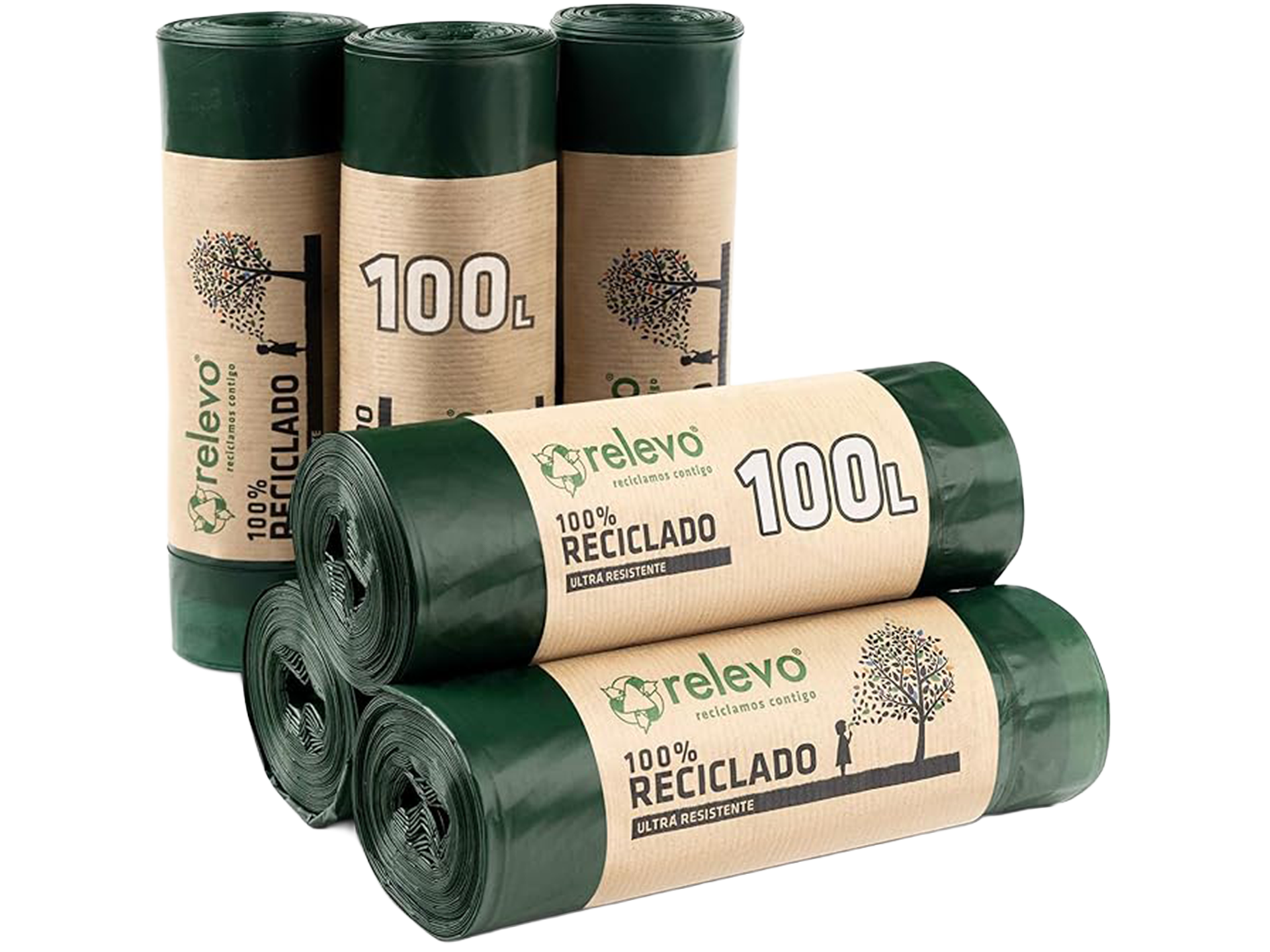 Relevo sacs poubelle avec poignées, très résistant 100 L, 60 pièces