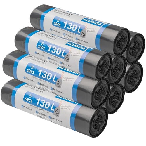 ALLBASA Sac Poubelle ultra résistant, Sacs poubelle à poignées coulissantes, Sacs en Plastique Recyclés Étanchéité maximale 130L(8Paquet)
