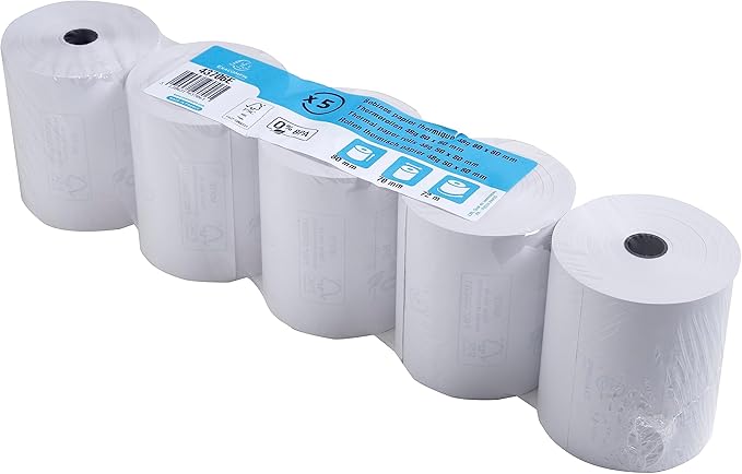 Lot de 5 bobines pour tickets de caisse - largeur 80 mm x diamètre 70 mm - mandrin 12 mm - 1 pli thermique 48g/m² sans BpA - Métrage (+ ou - 2m) : 72 m - Blanc