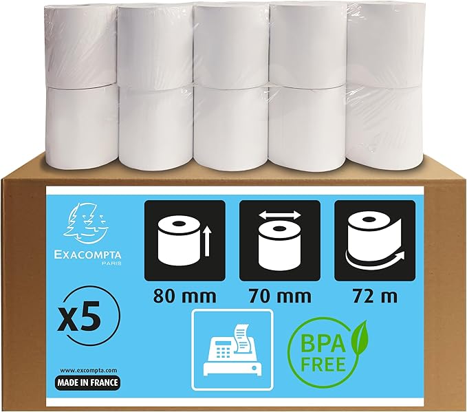 Lot de 5 bobines pour tickets de caisse - largeur 80 mm x diamètre 70 mm - mandrin 12 mm - 1 pli thermique 48g/m² sans BpA - Métrage (+ ou - 2m) : 72 m - Blanc