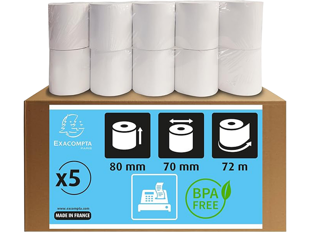 Lot de 5 bobines pour tickets de caisse - largeur 80 mm x diamètre 70 mm - mandrin 12 mm - 1 pli thermique 48g/m² sans BpA - Métrage (+ ou - 2m) : 72 m - Blanc