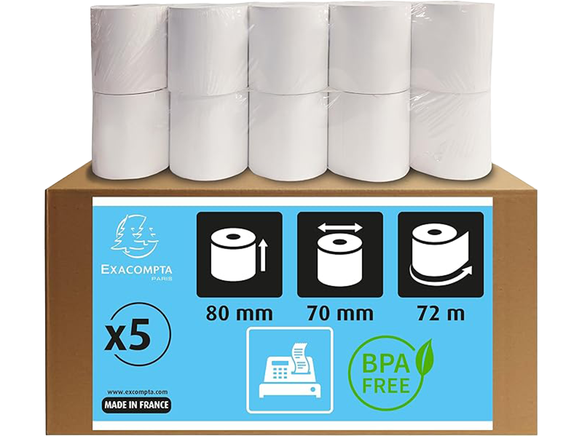 Lot de 5 bobines pour tickets de caisse - largeur 80 mm x diamètre 70 mm - mandrin 12 mm - 1 pli thermique 48g/m² sans BpA - Métrage (+ ou - 2m) : 72 m - Blanc