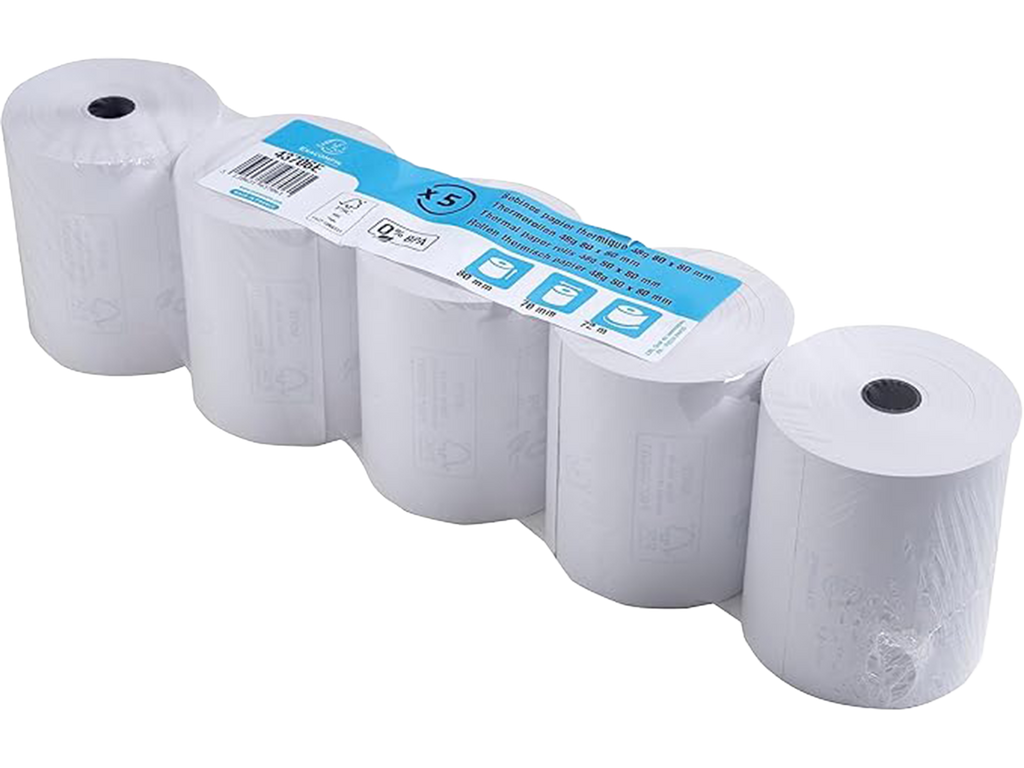 Lot de 5 bobines pour tickets de caisse - largeur 80 mm x diamètre 70 mm - mandrin 12 mm - 1 pli thermique 48g/m² sans BpA - Métrage (+ ou - 2m) : 72 m - Blanc