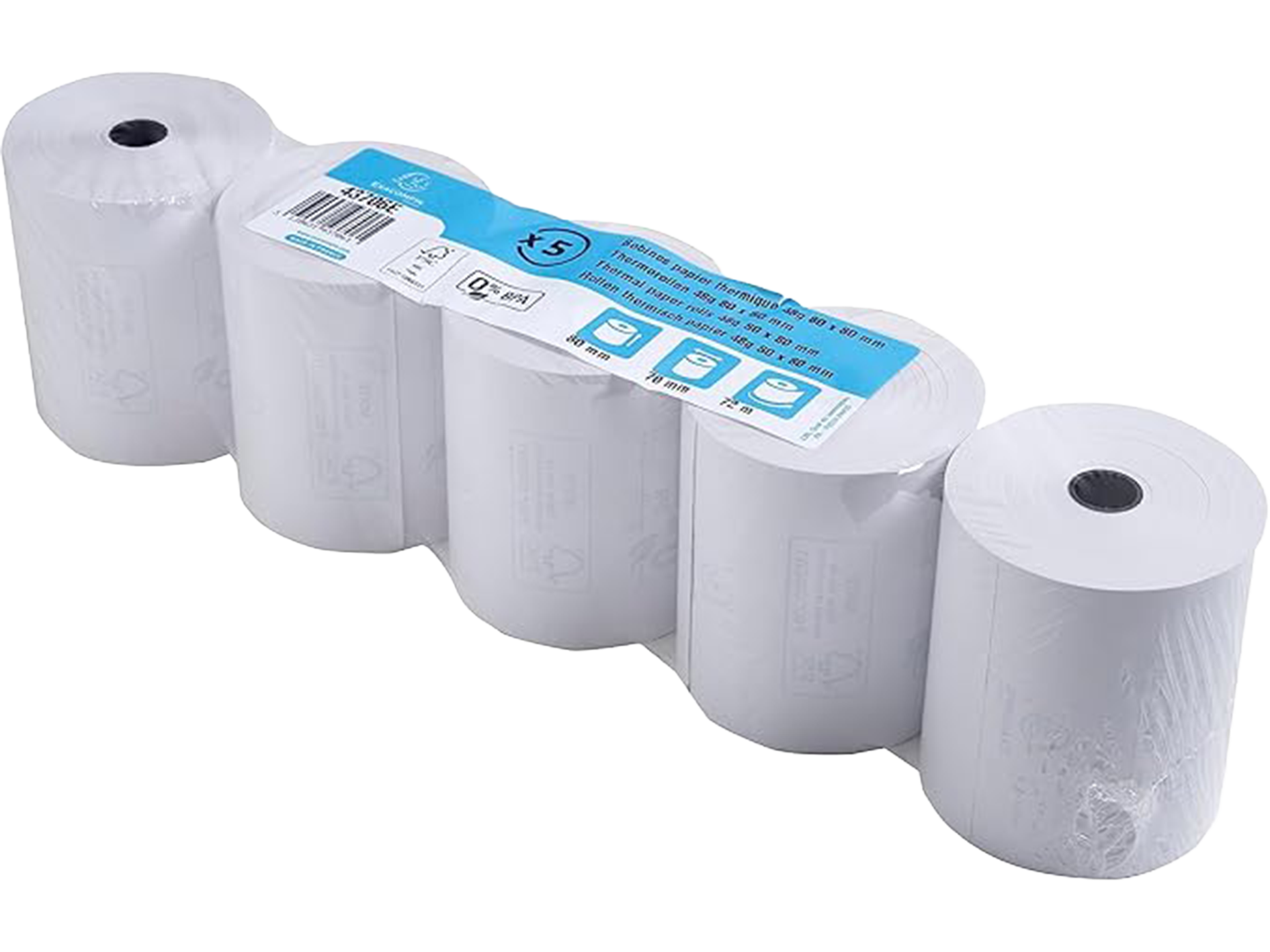Lot de 5 bobines pour tickets de caisse - largeur 80 mm x diamètre 70 mm - mandrin 12 mm - 1 pli thermique 48g/m² sans BpA - Métrage (+ ou - 2m) : 72 m - Blanc
